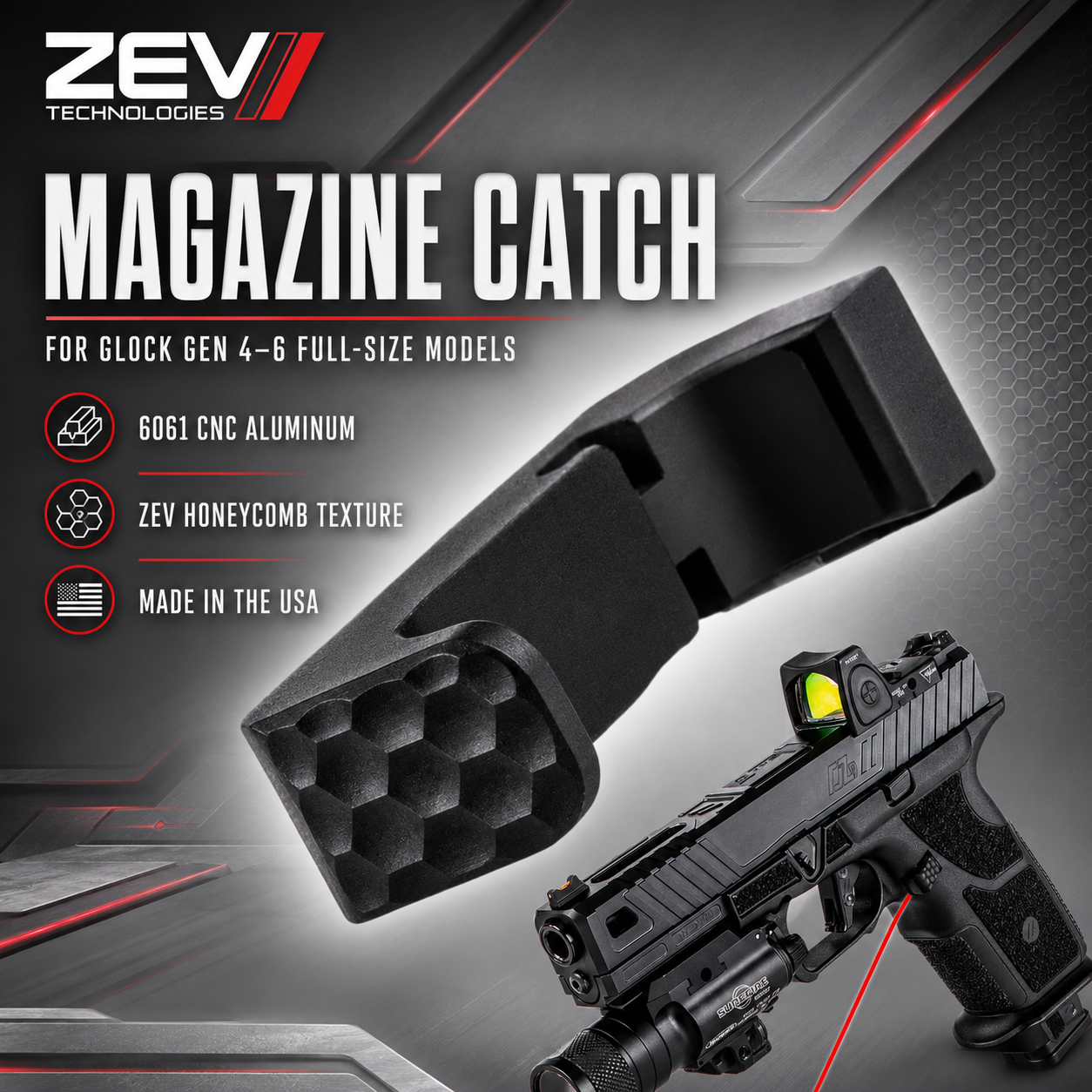 bfffcc89-ea14-440f-840d-1dce9662fa69 ZEV Technologies for Glock GEN 4 5 6 HONEY COMB design - Small Frame Extended Magazine Release Black - Image 1