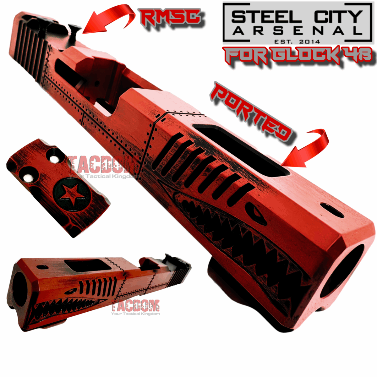 STEEL CITY ARSENAL [ P40 Warhawk ] Slide for Glock 48 "EXCLUSIVE" Battleworn RED slide RMSc Cut Poly 80 - Image 1