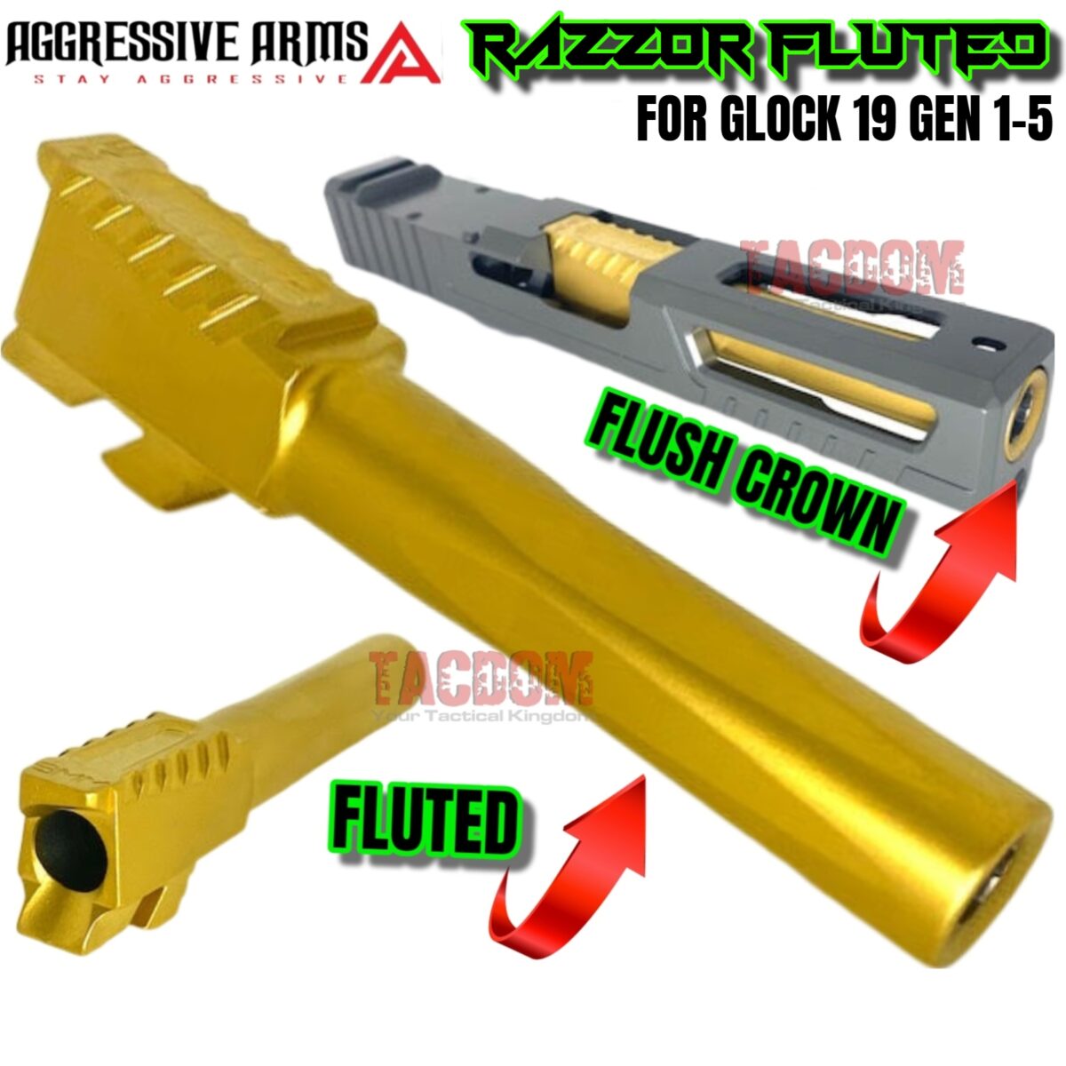 AGGRESSIVE ARMS USA RAZZOR FLUTED & SERRATED Barrel for Glock 19 GEN 1-5 GOLD PVD 9mm 416R Stainless Steel - Image 1