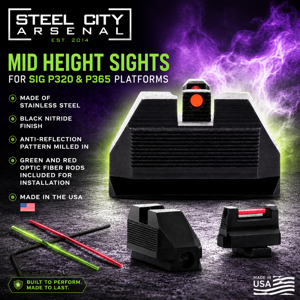 bae05926-bb40-42cb-ba71-721464602a20 STEEL CITY ARSENAL BLACKOUT FIBER OPTIC MID HEIGHT SIGHTS FOR SIG P320 P365 320 365 - Image 1
