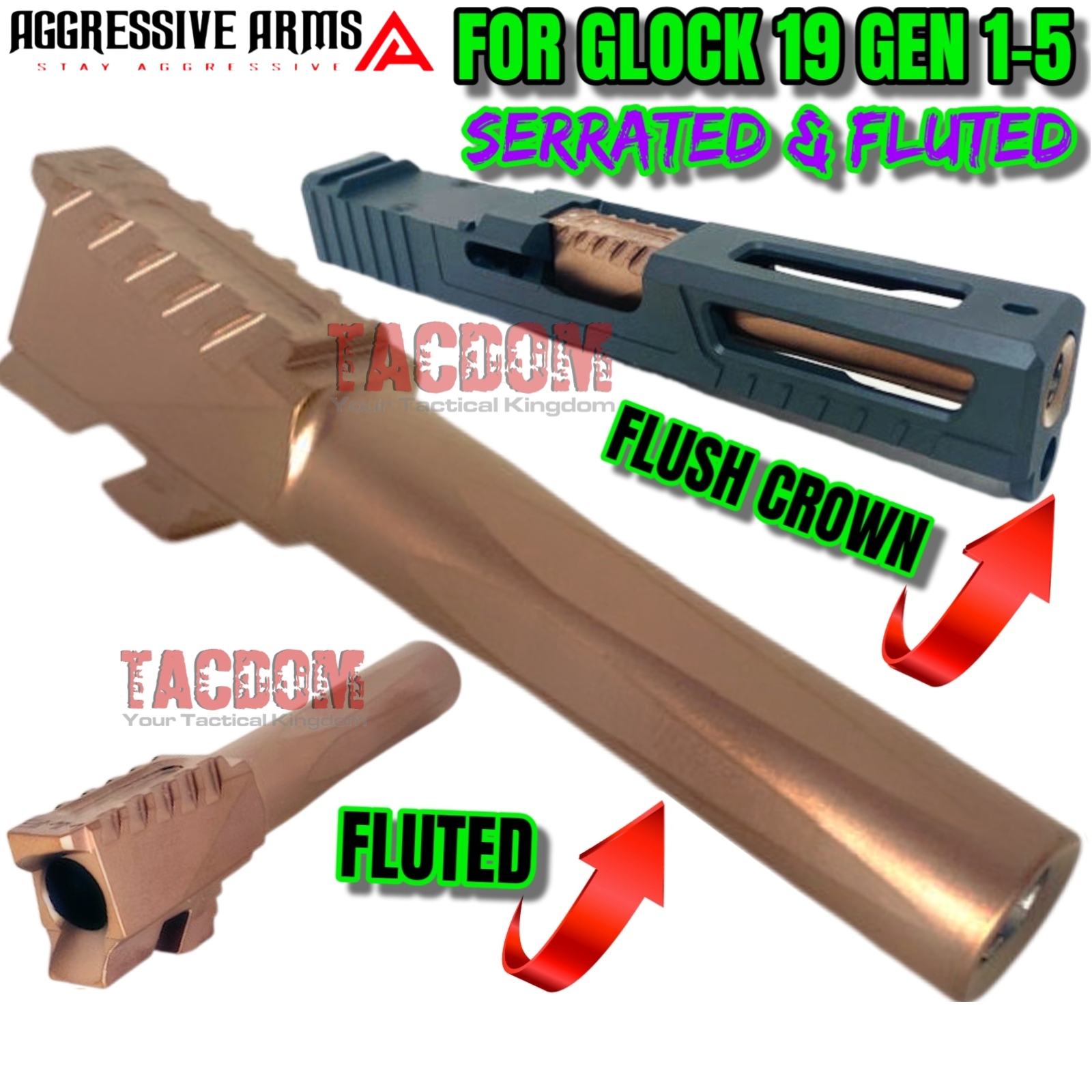 copper fflush ser2 AGGRESSIVE ARMS USA SERRATED & FLUTED Barrel for Glock 19 GEN 1-5 ROSE COPPER 9mm 416R Stainless Steel - Image 1