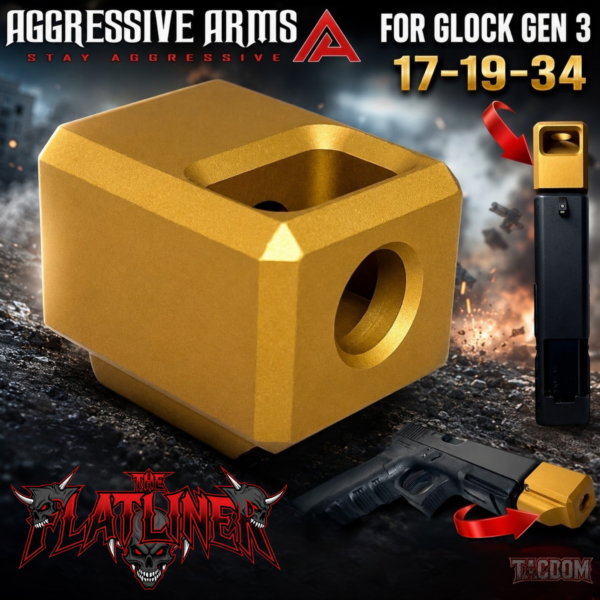 AGGRESSIVE ARMS FLATLINER SERIES PORTED Recoil REDUCTION COMPENSATOR for GEN 3 GLOCK 17 19 34  GOLD - 1/2x28 TPI Thread
