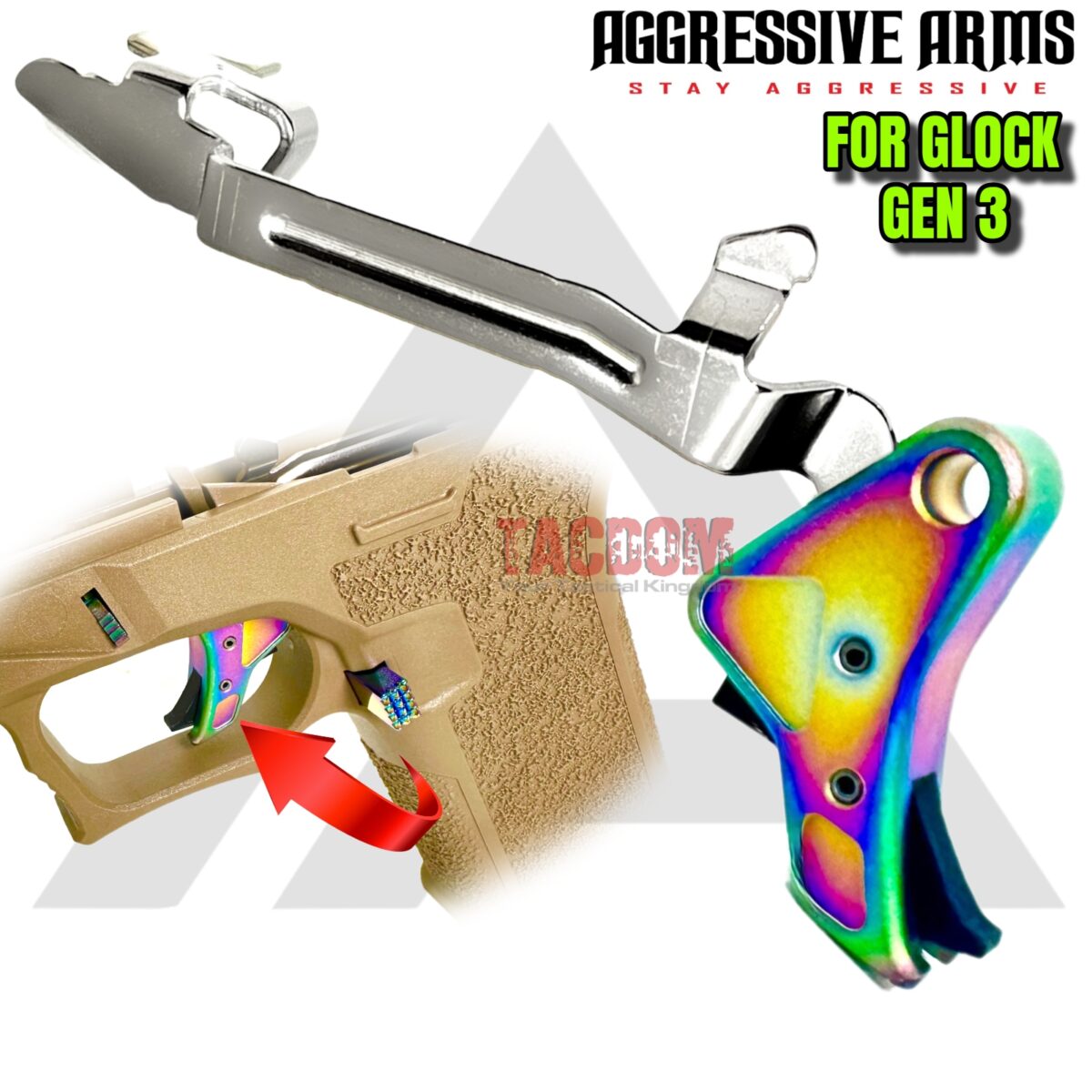 AGGRESSIVE ARMS for GLOCK TRIGGER CHAMELEON SATIN RAINBOW PVD - With POLISHED Bar - GEN 1-4 - 17 19 22 23 26 27 34 - Image 1