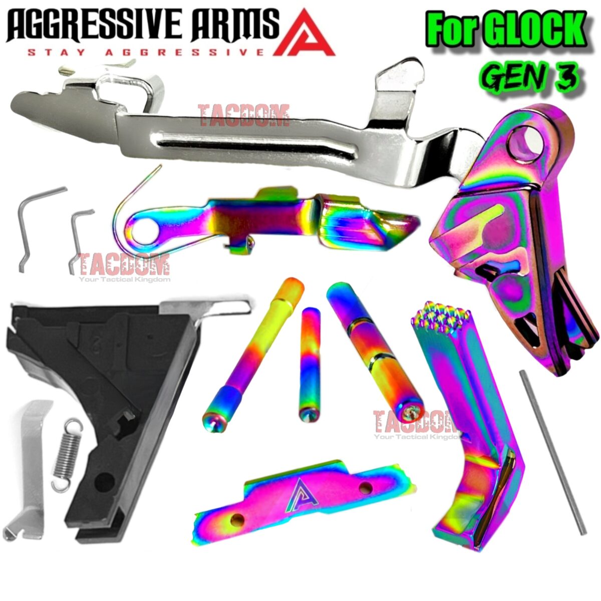 AGGRESSIVE ARMS RAINBOW RAZZOR JEWLERY FINISH Trigger + LOWER PARTS KIT DIMPLE PINS - EXTENDED SLIDE LOCK - EXTENDED SLIDE STOP - EXTENDED MAGAZINE CATCH Includes Trigger Bar - for GLOCK GEN 3 - 17 19 - P80 PF940C PF940V2 - Image 1