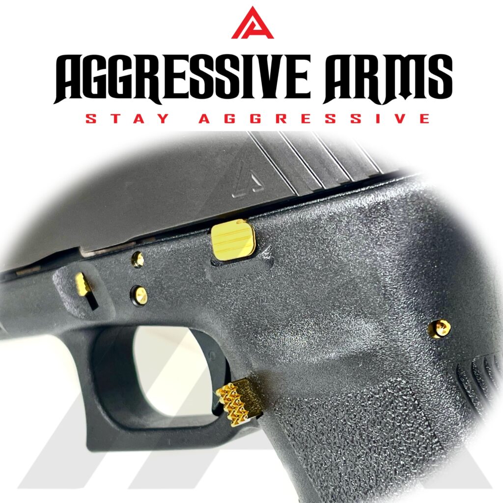 AGGRESSIVE ARMS JEWELRY GOLD DIMPLE PINS EXTENDED SLIDE LOCK EXTENDED MAGAZINE CATCH for