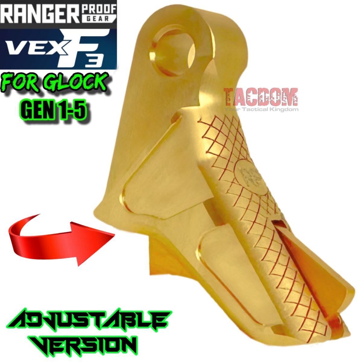 RANGER PROOF / JOHNNY GLOCK COLLABORATION VEX F3 ADJUSTABLE GOLD TRIGGER for GLOCK GEN 1 2 3 4 5 - 17 19 19X 20 21 22 23 24 26 27 31 32 33 34 35 37 36 38 39 43 43x 45 48 - Image 3