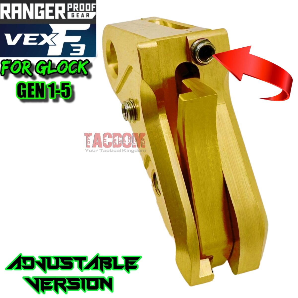 RANGER PROOF / JOHNNY GLOCK COLLABORATION VEX F3 ADJUSTABLE GOLD TRIGGER for GLOCK GEN 1 2 3 4 5 - 17 19 19X 20 21 22 23 24 26 27 31 32 33 34 35 37 36 38 39 43 43x 45 48 - Image 2