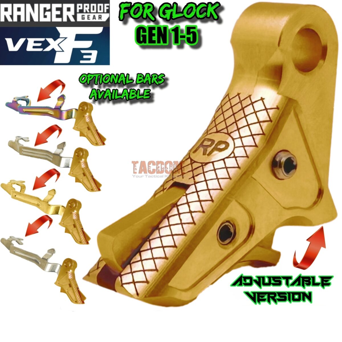 RANGER PROOF / JOHNNY GLOCK COLLABORATION VEX F3 ADJUSTABLE GOLD TRIGGER for GLOCK GEN 1 2 3 4 5 - 17 19 19X 20 21 22 23 24 26 27 31 32 33 34 35 37 36 38 39 43 43x 45 48 - Image 1