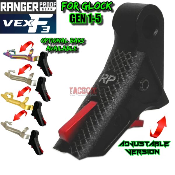 RANGER PROOF / JOHNNY GLOCK COLLABORATION VEX F3 Black RED ADJUSTABLE TRIGGER for GLOCK GEN 1 2 3 4 5 - 17 19 19X 20 21 22 23 24 26 27 31 32 33 34 35 37 36 38 39 43 43x 45 48