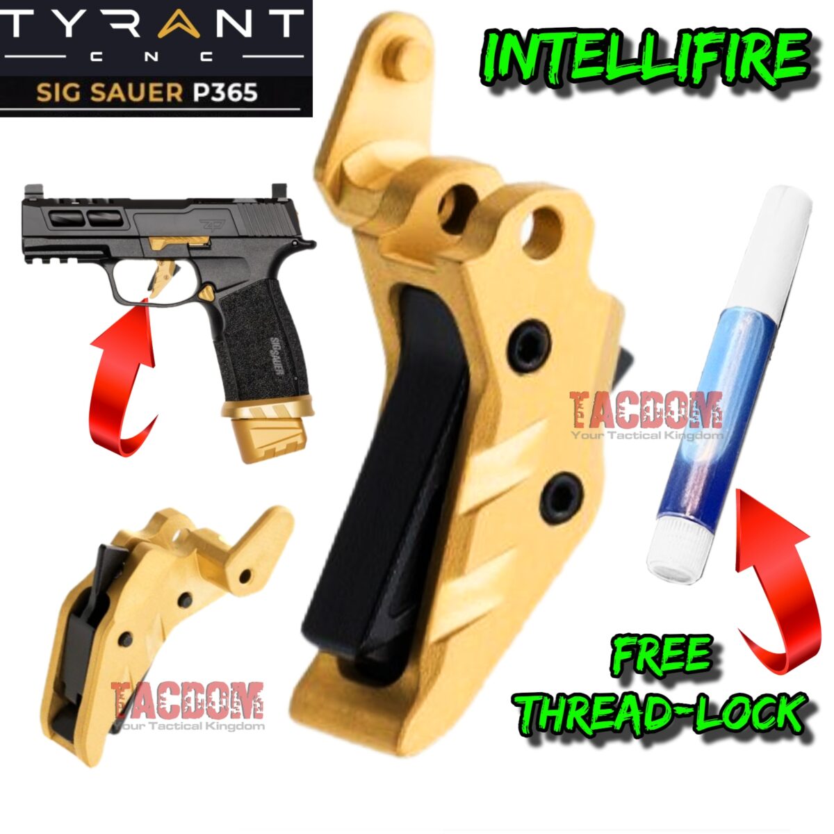 TYRANT DESIGNS CNC INTELLIFIRE TRIGGER FOR SIG SAUER P365 GOLD / BLACK - STAINLESS STEEL SHOE - Image 1