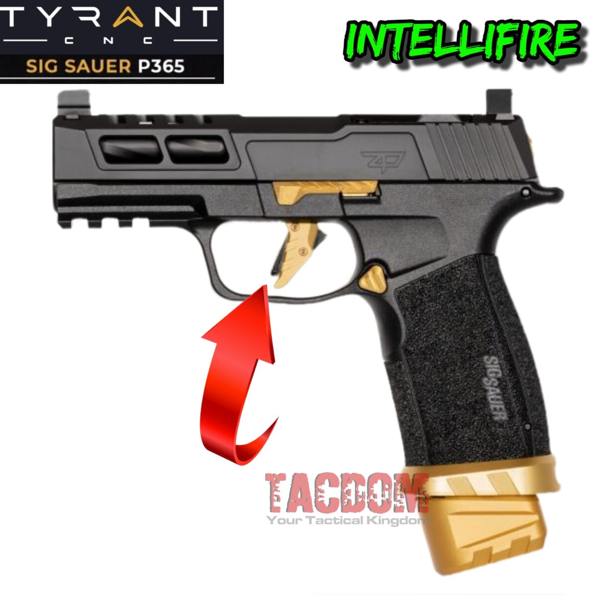 TYRANT DESIGNS CNC INTELLIFIRE TRIGGER FOR SIG SAUER P365 GOLD / BLACK - STAINLESS STEEL SHOE - Image 2