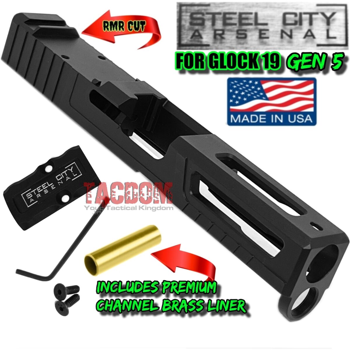 STEEL CITY ARSENAL [ ULTRALIGHT ] Slide for Glock 19 Gen 5 BLACK slide RMR OPTIC Cut Stainless Steel - Image 1