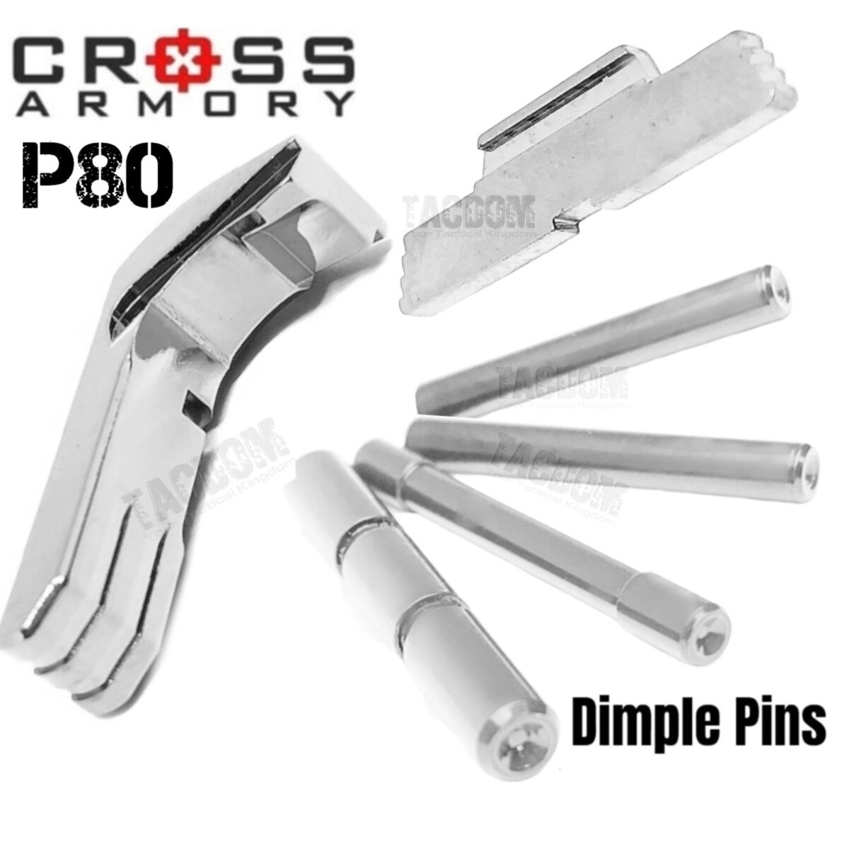 Cross Armory SILVER UPGRADE Performance Kit for Polymer80 P80 Extended Slide Lock Magazine Catch and 4 Pins - Image 1
