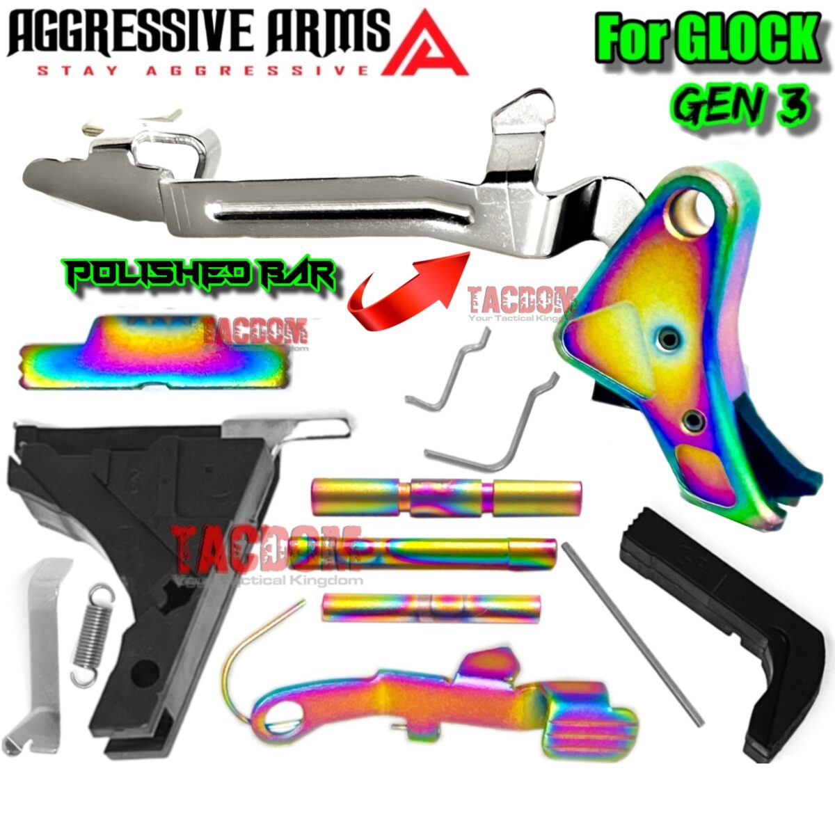AGGRESSIVE ARMS RAINBOW PVD TRIGGER COMBO with LOWER PARTS KIT - Polished Bar - For Glock GEN 3 - 17 19 - P80 PF940C PF940V2 - Image 1