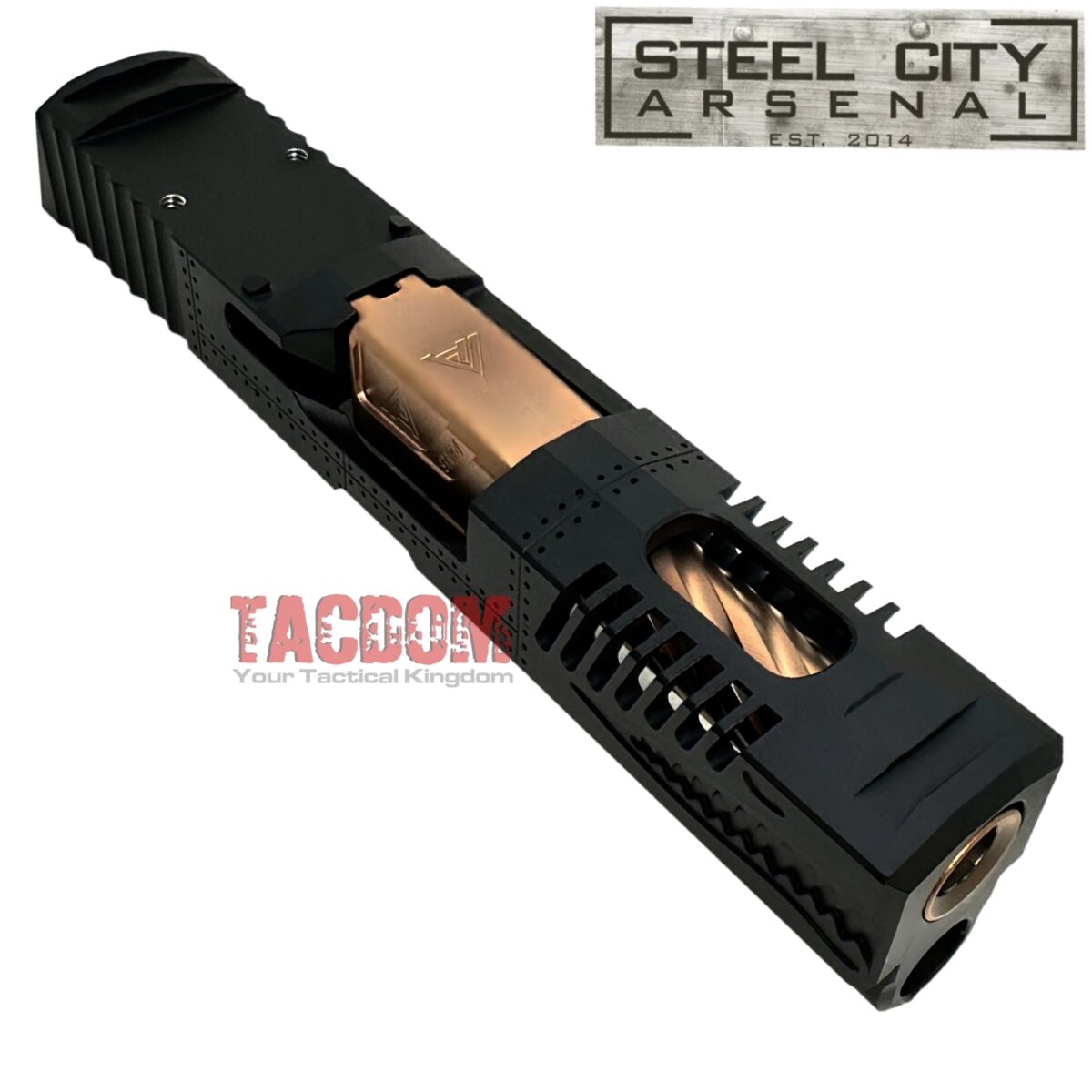 STEEL CITY ARSENAL TACDOM EXCLUSIVE "CUT FINS" P40 Warhawk BLACK Slide + AVENGER TWISTED COPPER BARREL for SIG P320C - RMR Cut - Image 2