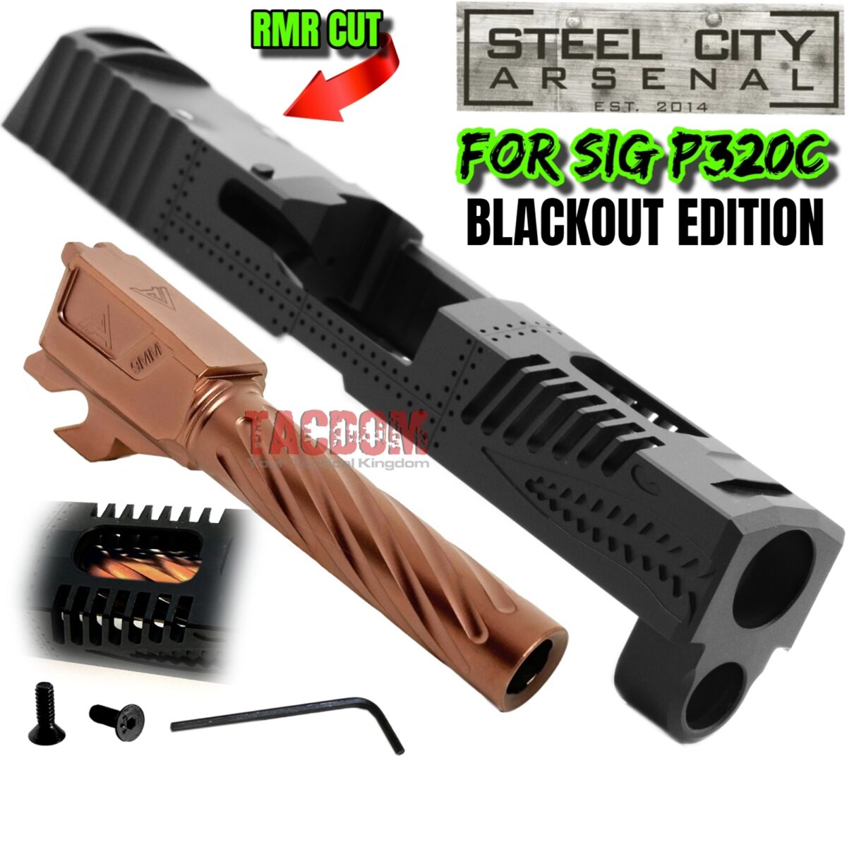 STEEL CITY ARSENAL TACDOM EXCLUSIVE "CUT FINS" P40 Warhawk BLACK Slide + AVENGER TWISTED COPPER BARREL for SIG P320C - RMR Cut - Image 1