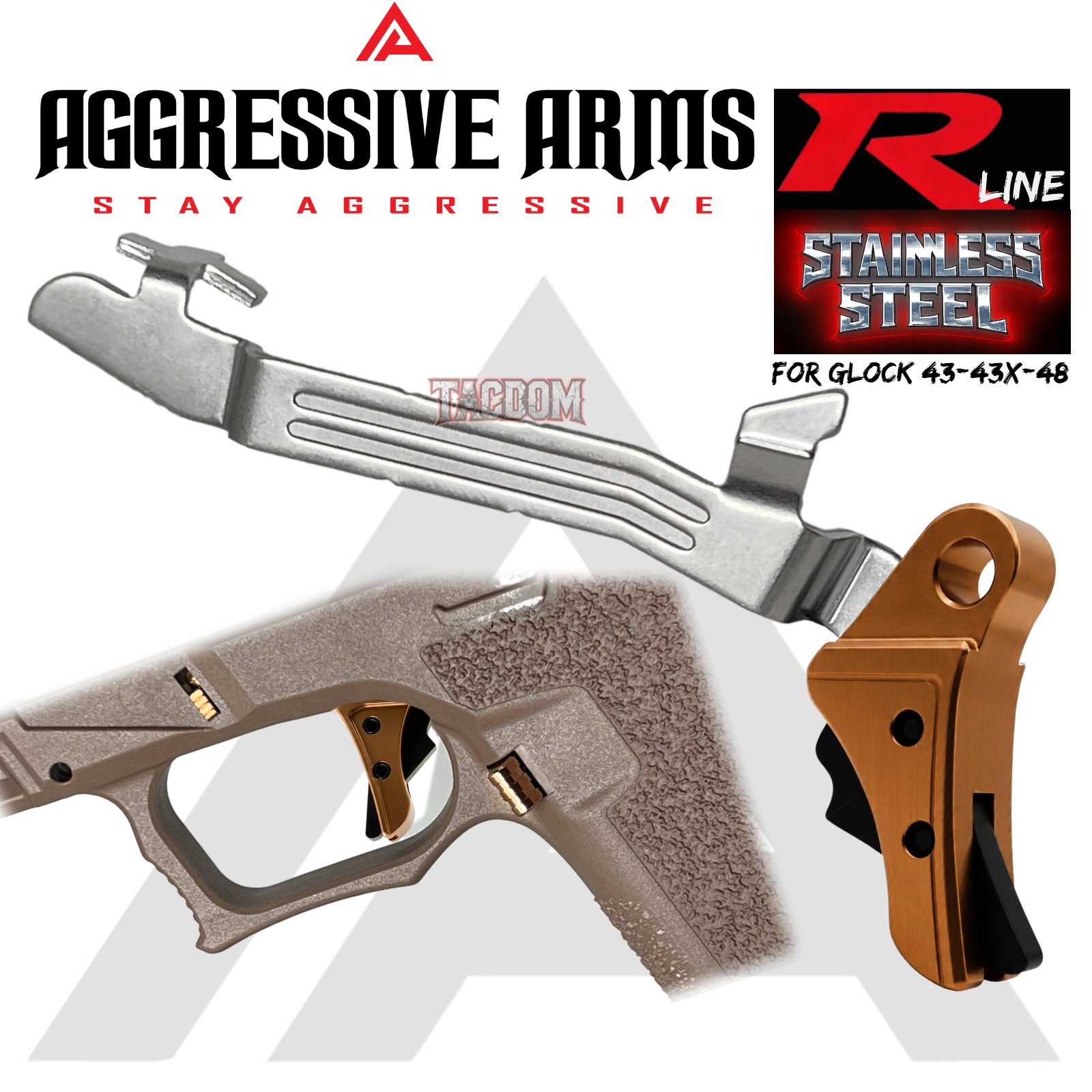 copper43ebayweb AGGRESSIVE ARMS R-LINE V2 for GLOCK 43 43X 48 "STAINLESS STEEL" TRIGGER COPPER PVD / BLACK SAFETY - With POLISHED TRIGGER BAR - Image 1