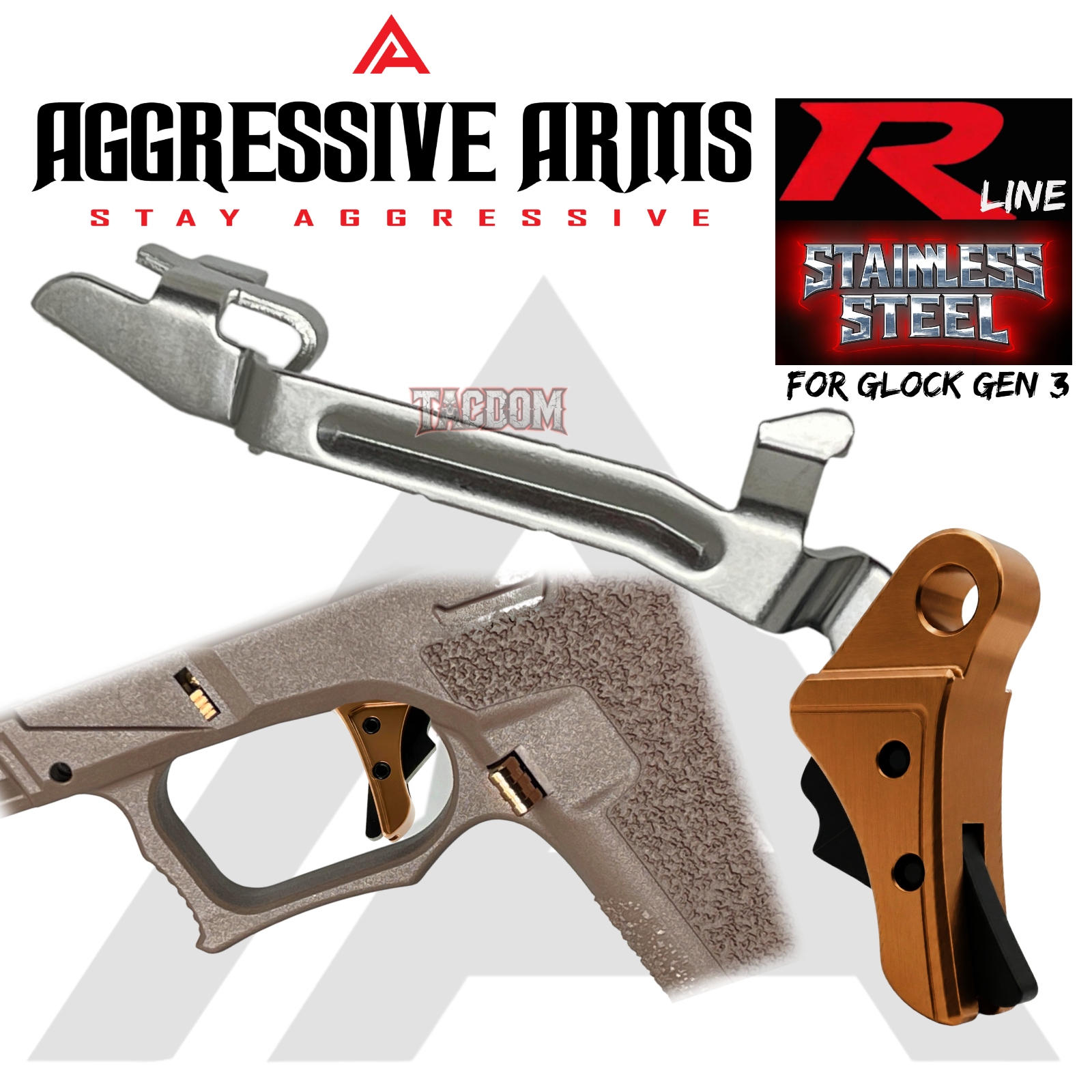 copperg3 AGGRESSIVE ARMS R-LINE V2 for GLOCK GEN 3 / 4 "STAINLESS STEEL" TRIGGER ROSE COPPER PVD with BLACK SAFETY - With POLISHED TRIGGER BAR - 17 17L 18 19 22 23 26 27 31 32 33 34 35 - Image 1