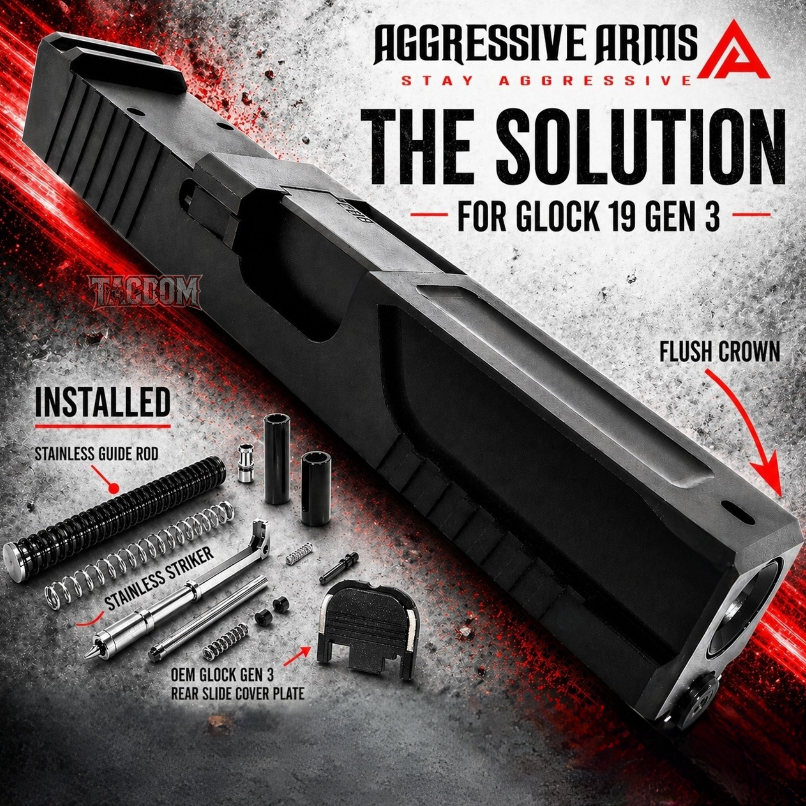 solution TACDOM plasti AGGRESSIVE ARMS SOLUTION COMPLETE RMR CUT Slide - Barrel - Upper Parts INSTALLED - for GLOCK 19 GEN 3 - BLACK - Image 1
