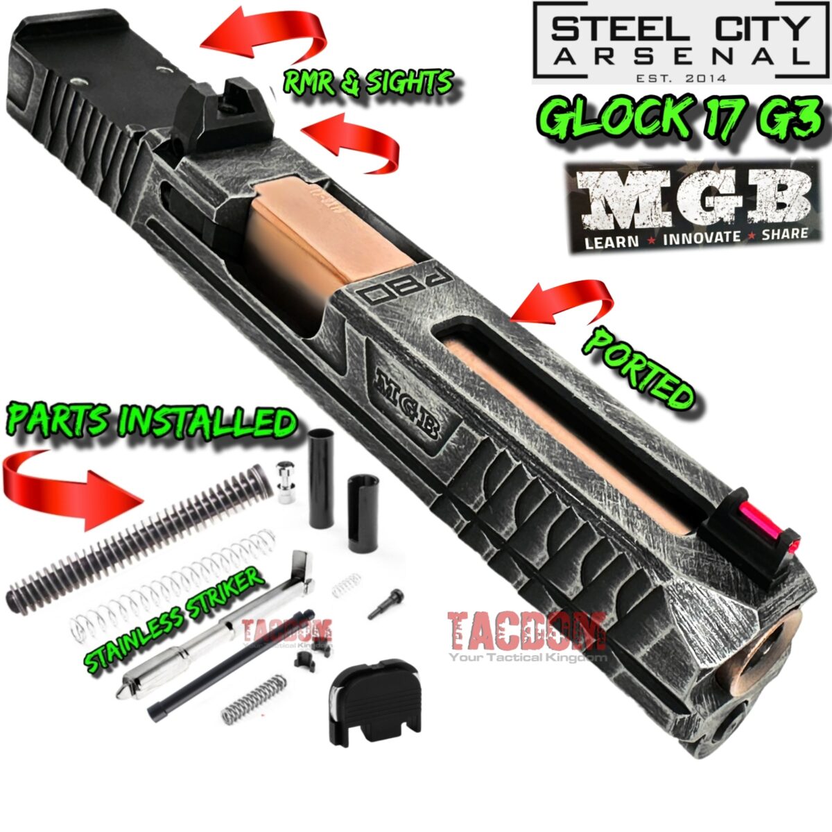 STEEL CITY ARSENAL "RARE" MGB COMPLETE BATTLEWORN GREY SLIDE For GLOCK 17 GEN 3 RMR CUT - COPPER BARREL +  SIGHTS - for GLOCK 17 GEN 3 - Image 1