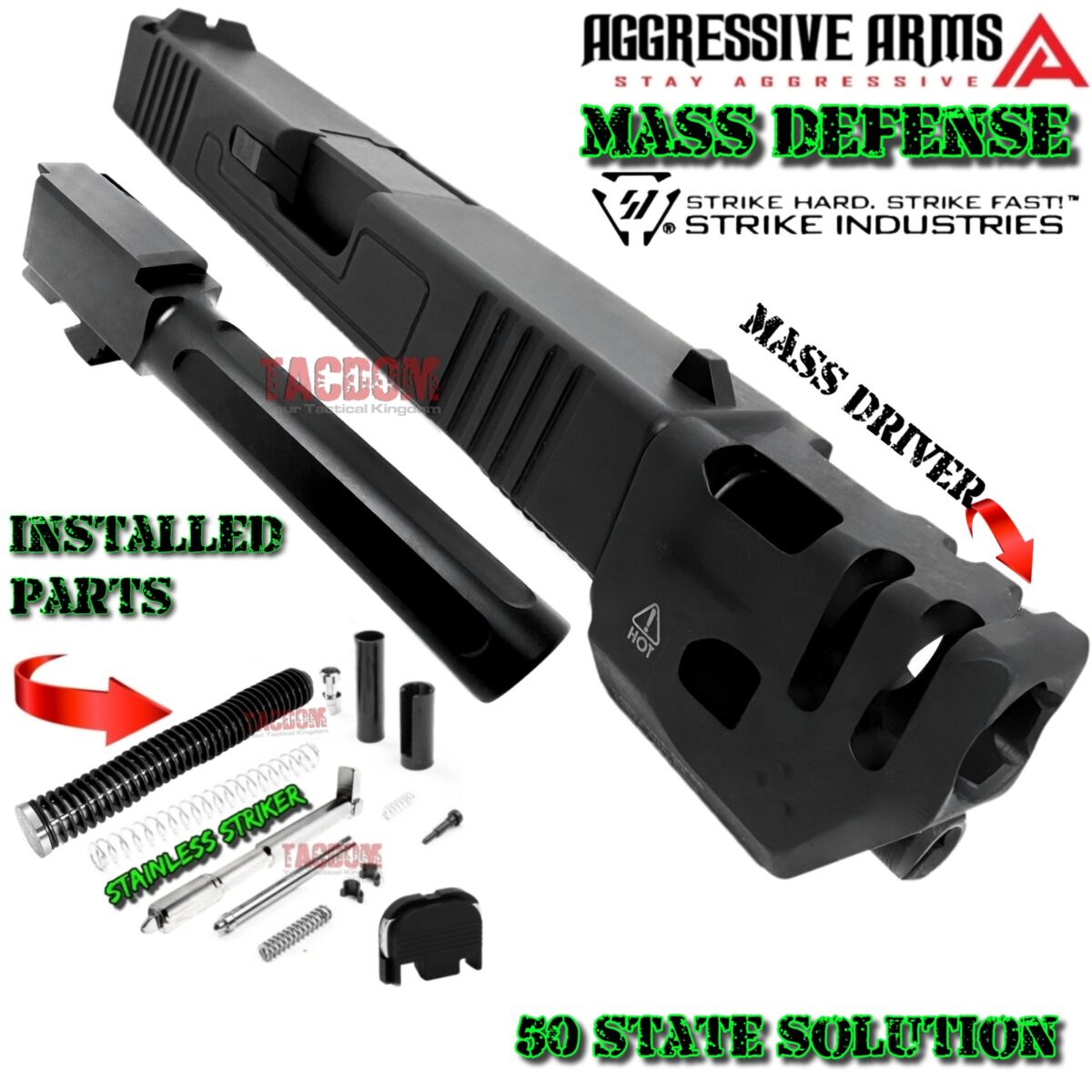 AGGRESSIVE ARMS COMPLETE SLIDE MASS DEFENSE For GLOCK 19 GEN 3 - FLUTED BARREL + UPPER PARTS +  SIGHTS + STRIKE INDUSTRIES MASS DRIVER - Image 1