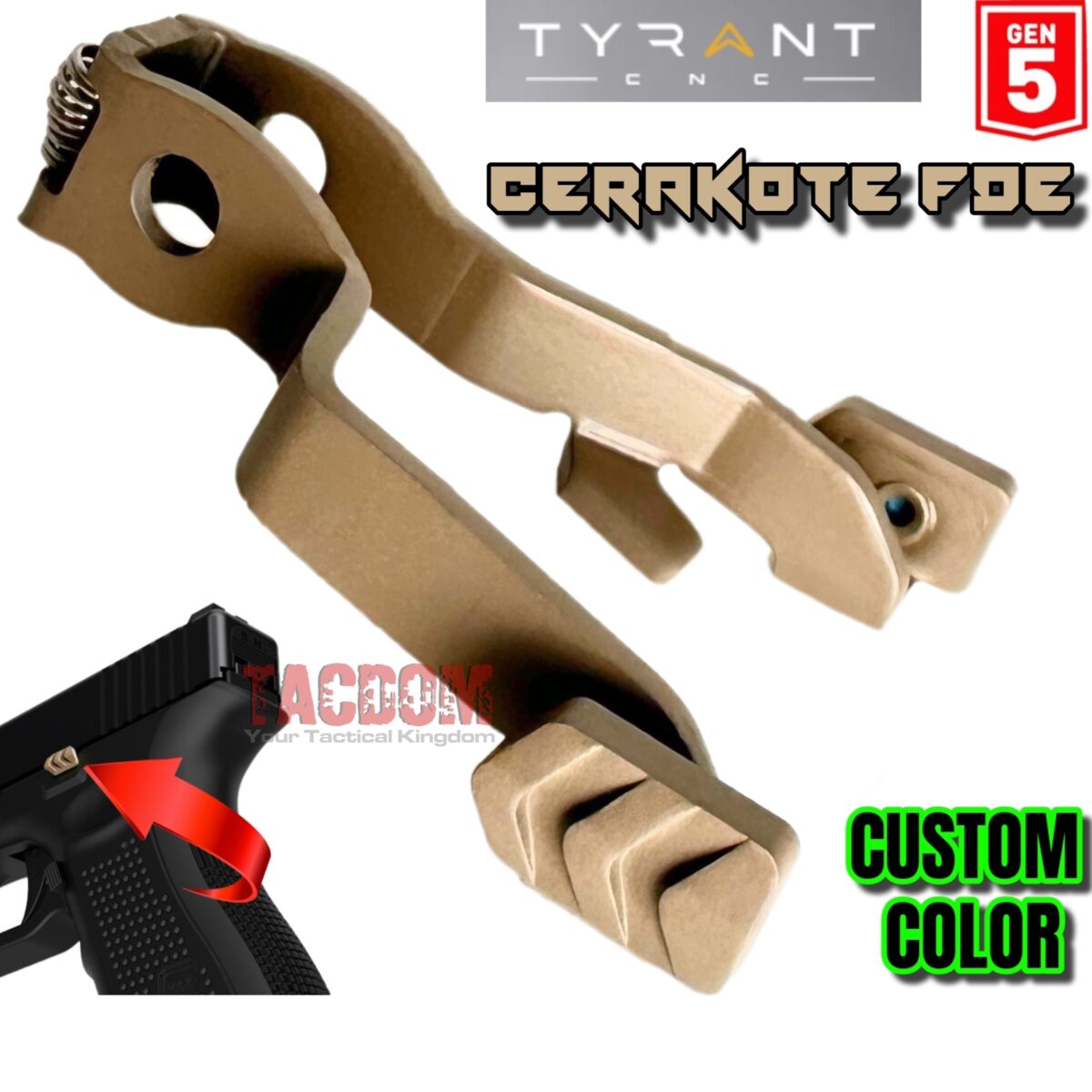 Tyrant Designs Extended Slide Stop "CUSTOM" FDE FLAT DARK EARTH "TAN" CERAKOTE Release GLOCK GEN 5 17 19 26 34 45 19X - Image 1