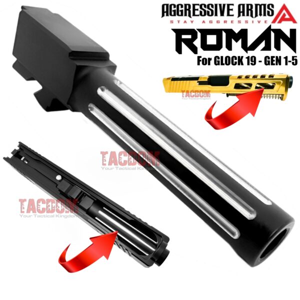 AGGRESSIVE ARMS ROMAN FLUTED STRIPES CUT Match TWO TONE BLACK / STAINLESS Barrel for GLOCK 19 GEN 1-5 - 9mm