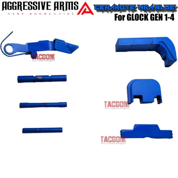 AGGRESSIVE ARMS NRA BLUE CERAKOTED PARTS FOR GLOCK GEM 1-4 - SLIDE RELEASE / LOCK - SLIDE LOCK - PINS - REAR COVER PLATE - MAGAZINE CATCH
