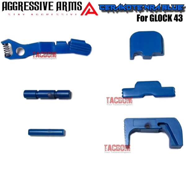 AGGRESSIVE ARMS NRA BLUE CERAKOTED PARTS FOR GLOCK 43 - SLIDE RELEASE / LOCK - SLIDE LOCK - PINS - REAR COVER PLATE - MAGAZINE CATCH - MOST FIT 43X AND 48