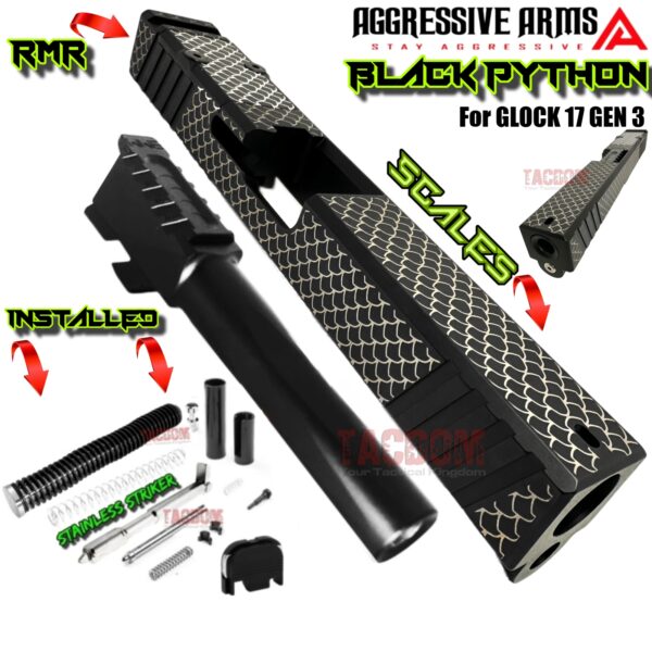 AGGRESSIVE ARMS BLACK PYTHON "SCALES" SLIDE AND SERRATED BARREL COMPLETE WITH PARTS INSTALLED FOR GLOCK 17 GEN 3