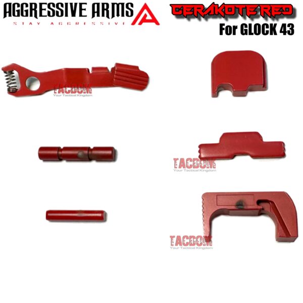AGGRESSIVE ARMS RED CERAKOTED PARTS FOR GLOCK 43 - SLIDE RELEASE / LOCK - SLIDE LOCK - PINS - REAR COVER PLATE - MAGAZINE CATCH - MOST FIT 43X AND 48