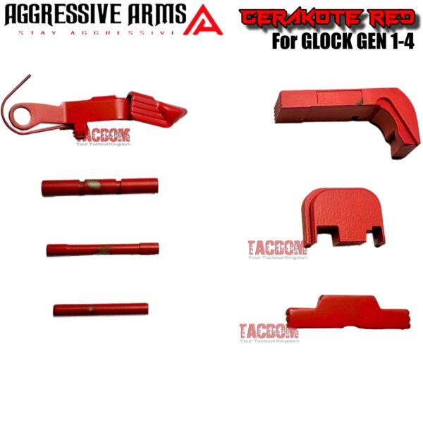 AGGRESSIVE ARMS RED CERAKOTED PARTS FOR GLOCK GEM 1-4 - SLIDE RELEASE / LOCK - SLIDE LOCK - PINS - REAR COVER PLATE - MAGAZINE CATCH