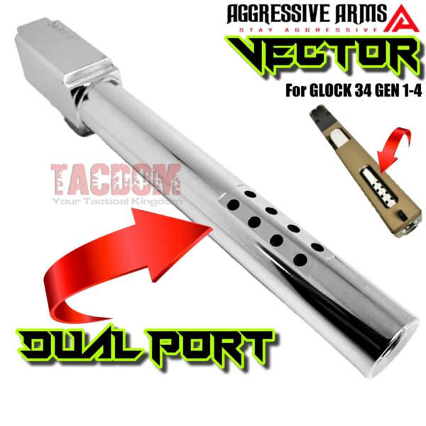 AGGRESSIVE ARMS VECTOR TOP Ported Compensated Barrel for GLOCK 34 GEN 1 2 3 4 - POLISHED STAINLESS STEEL - CHROME LIKE