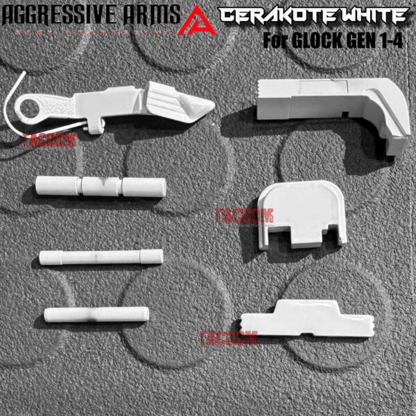 AGGRESSIVE ARMS WHITE CERAKOTED PARTS FOR GLOCK GEM 1-4 - SLIDE RELEASE / LOCK - SLIDE LOCK - PINS - REAR COVER PLATE - MAGAZINE CATCH
