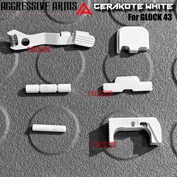 AGGRESSIVE ARMS WHITE CERAKOTED PARTS FOR GLOCK 43 - SLIDE RELEASE / LOCK - SLIDE LOCK - PINS - REAR COVER PLATE - MAGAZINE CATCH - MOST FIT 43X AND 48