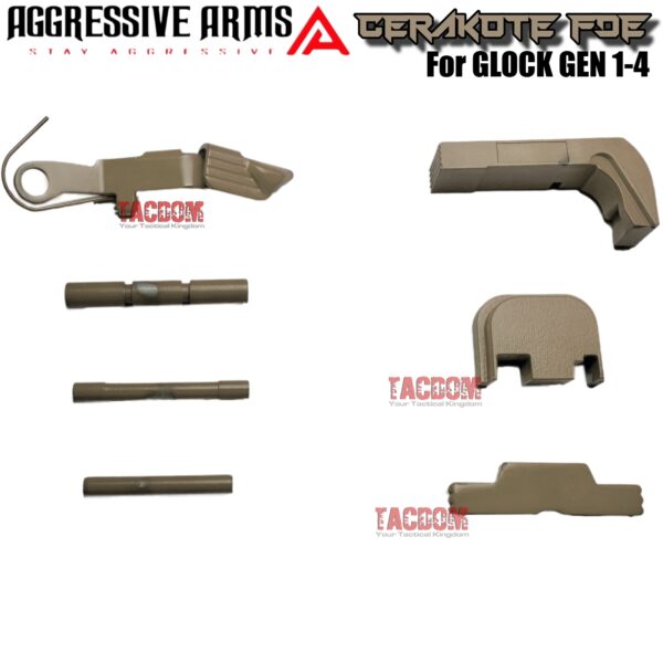 AGGRESSIVE ARMS FDE TAN CERAKOTED PARTS FOR GLOCK GEM 1-4 - SLIDE RELEASE / LOCK - SLIDE LOCK - PINS - REAR COVER PLATE - MAGAZINE CATCH