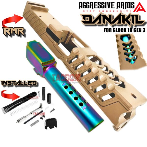 AGGRESSIVE ARMS DANAKIL FDE PORTED SLIDE AND RAINBOW PORTED BARREL COMPLETE WITH PARTS INSTALLED FOR GLOCK 19 GEN 3