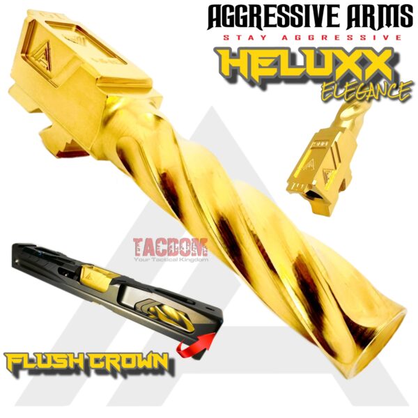 AGGRESSIVE ARMS HELUXX DEEP SPIRAL Match SHINY GOLD PLATE TAINLESS STEEL FLUSH CUT Barrel for GLOCK 19 GEN 1-5 - 9mm