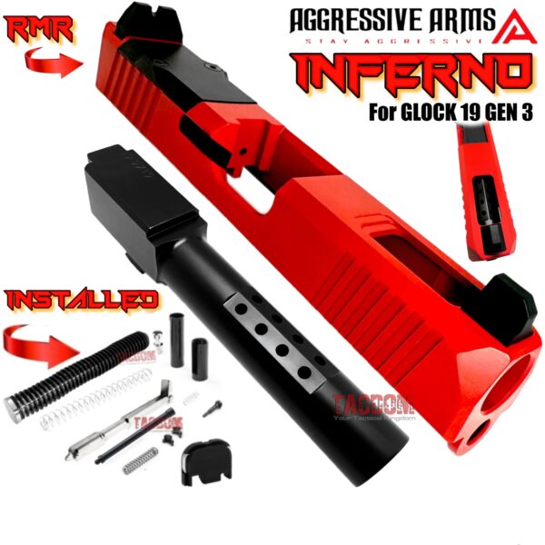 AGGRESSIVE ARMS INFERNO RED PORTED SLIDE AND BLACK OCTA-PORTED BARREL COMPLETE WITH PARTS INSTALLED FOR GLOCK 19 GEN 3