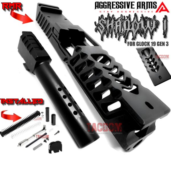 AGGRESSIVE ARMS BLACK SHADOW 1 PORTED SLIDE AND SERRATED BARREL COMPLETE WITH PARTS INSTALLED FOR GLOCK 19 GEN 3