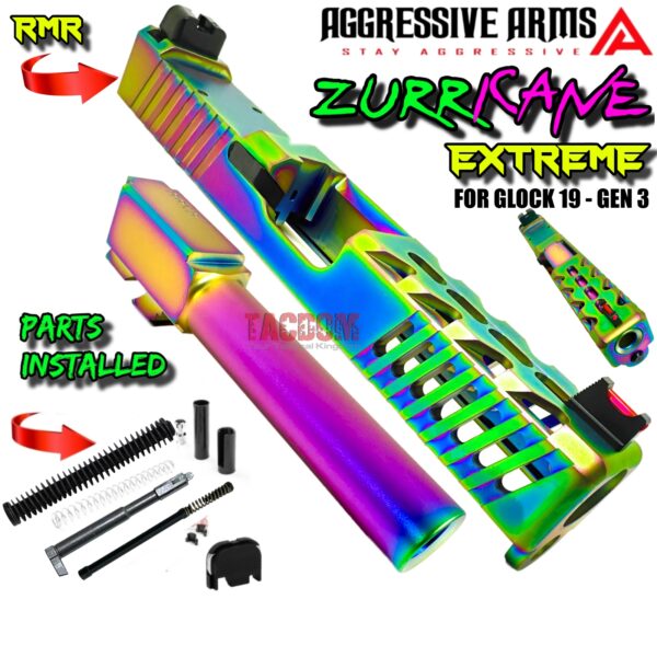 AGGRESSIVE ARMS COMPLETE SLIDE ZURRICANE RAINBOW For GLOCK 19 GEN 3 - EXTREME BARREL + UPPER PARTS + TALL SIGHTS FIBER FRONT