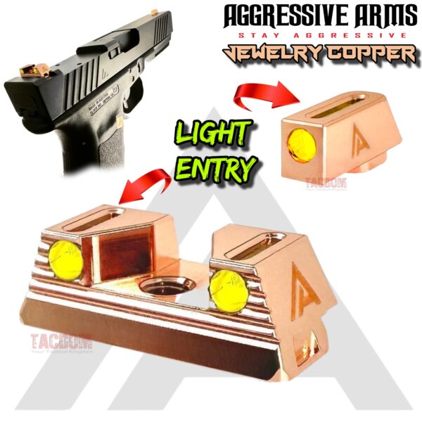 Aggressive Arms TOP LIGHT GATHERING 3 POINT Standard Height Stainless Steel JEWELRY COPPER plated Sights For Glock 17/19/19x/20/21/22/23/24/26/27/29/31/32/34/35/43/43x/45/48