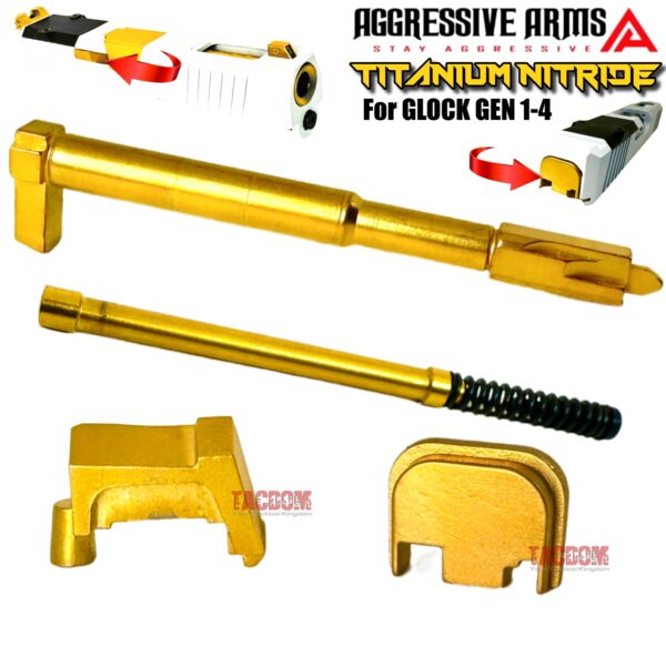 AGGRESSIVE ARMS TITANIUM GOLD STRIKER - COMPLETE DEPRESSOR ROD - EXTRACTOR - SLIDE PLATE for GLOCK GEN 1-4