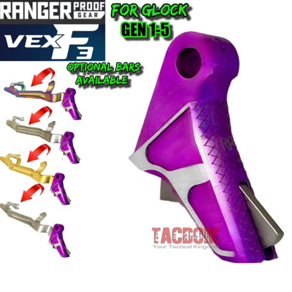 RANGER PROOF / JOHNNY GLOCK COLLABORATION VEX F3 V2 TWO-TONE PURPLE TRIGGER for GLOCK GEN 1 2 3 4 5 - 17 19 19X 20 21 22 23 24 26 27 31 32 33 34 35 37 36 38 39 43 43x 45 48