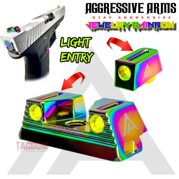 Aggressive Arms TOP LIGHT GATHERING 3 POINT Standard Height Stainless Steel JEWELRY RAINBOW plated Sights For Glock 17/19/19x/20/21/22/23/24/26/27/29/31/32/34/35/43/43x/45/48