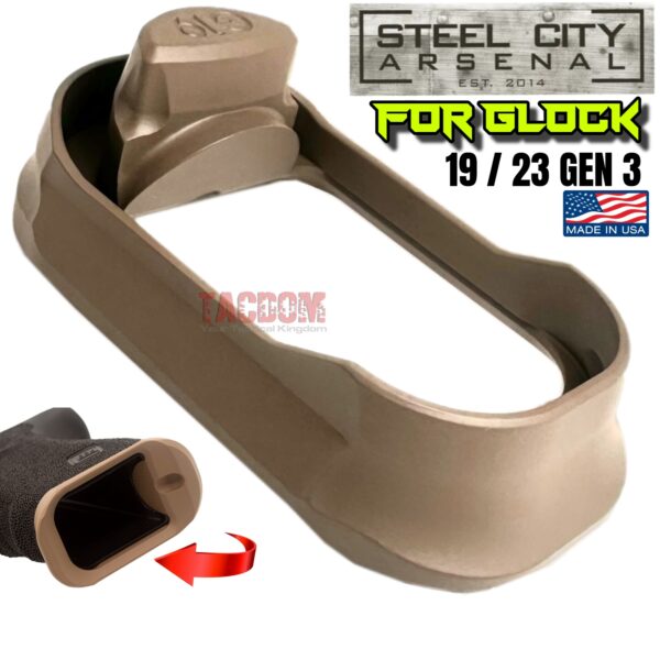 STEEL CITY ARSENAL GLOCK 19 / 23 ENHANCED FDE BILLET ALUMINUM MAGWELL – FITS COMPACT GEN 3 OEM FACTORY FRAMES