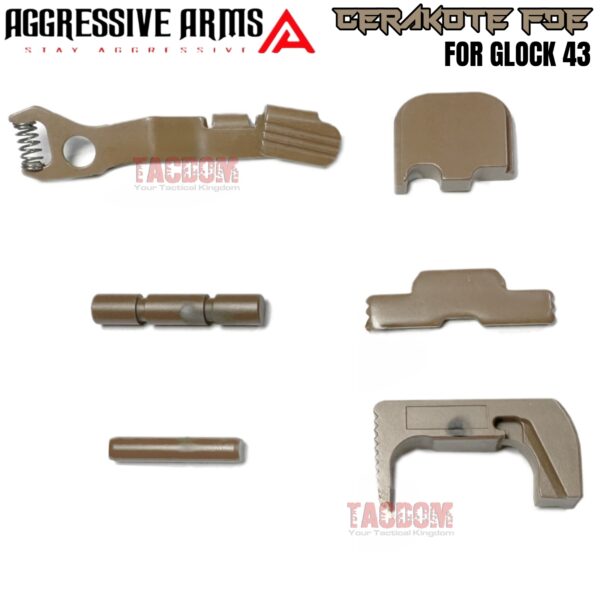 AGGRESSIVE ARMS FDE TAN CERAKOTED PARTS FOR GLOCK 43 - SLIDE RELEASE / LOCK - SLIDE LOCK - PINS - REAR COVER PLATE - MAGAZINE CATCH - MOST FIT 43X AND 48