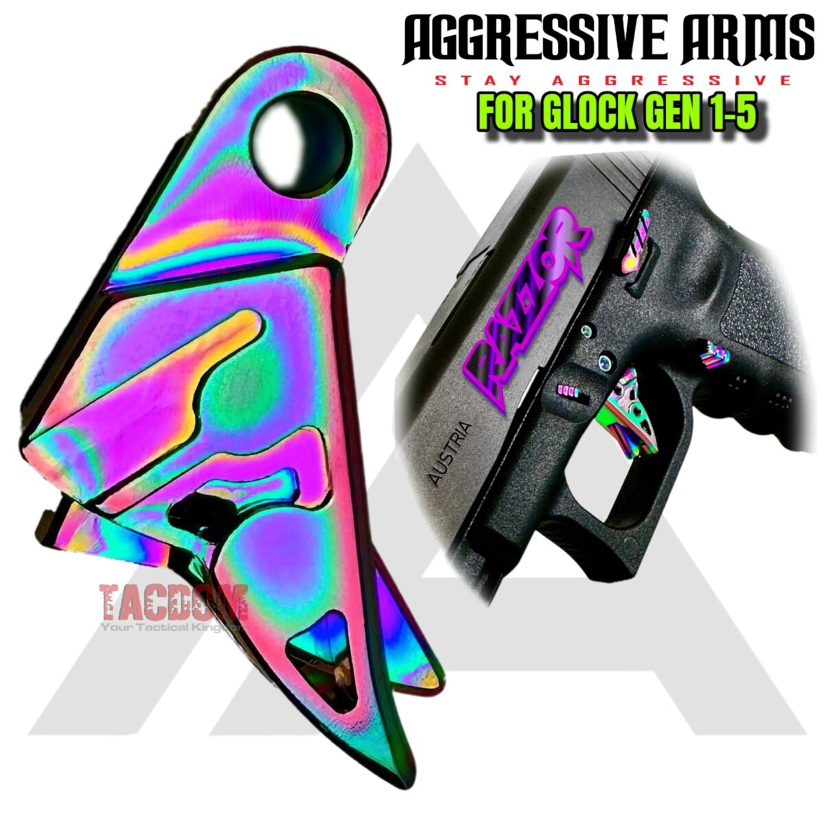 AGGRESSIVE ARMS RAZZOR JEWLERY RAINBOW FINISH for GLOCK GEN 1 2 3 4 5 "BILLET ALUMINUM" TRIGGER - Image 1