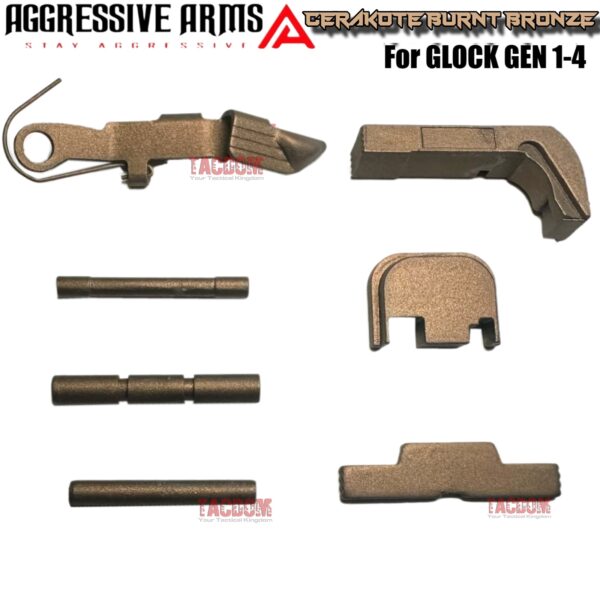 AGGRESSIVE ARMS BURNT BRONZE CERAKOTED PARTS FOR GLOCK GEN 1 2 3 4* - SLIDE RELEASE / LOCK - SLIDE LOCK - PINS - REAR COVER PLATE - MAGAZINE CATCH