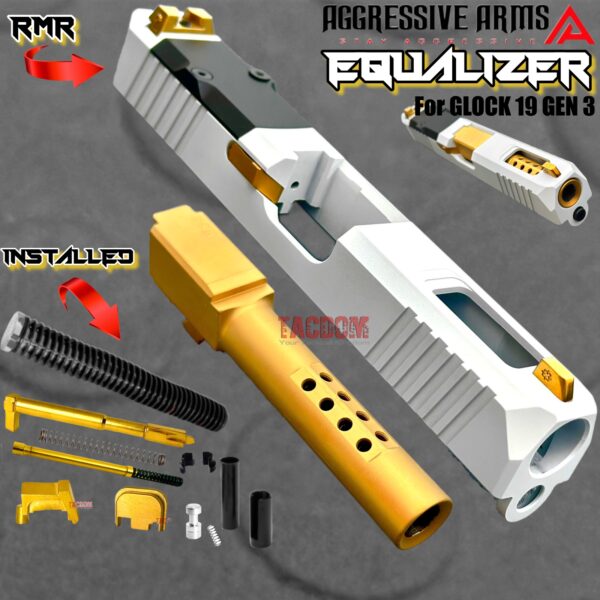 AGGRESSIVE ARMS EQUALIZER COMPLETE PORTED WHITE SLIDE + GOLD OCTA PORT BARREL + GOLD TITANIUM UPPER PARTS KIT + GOLD SIGHTS FOR GLOCK 19 GEN 3